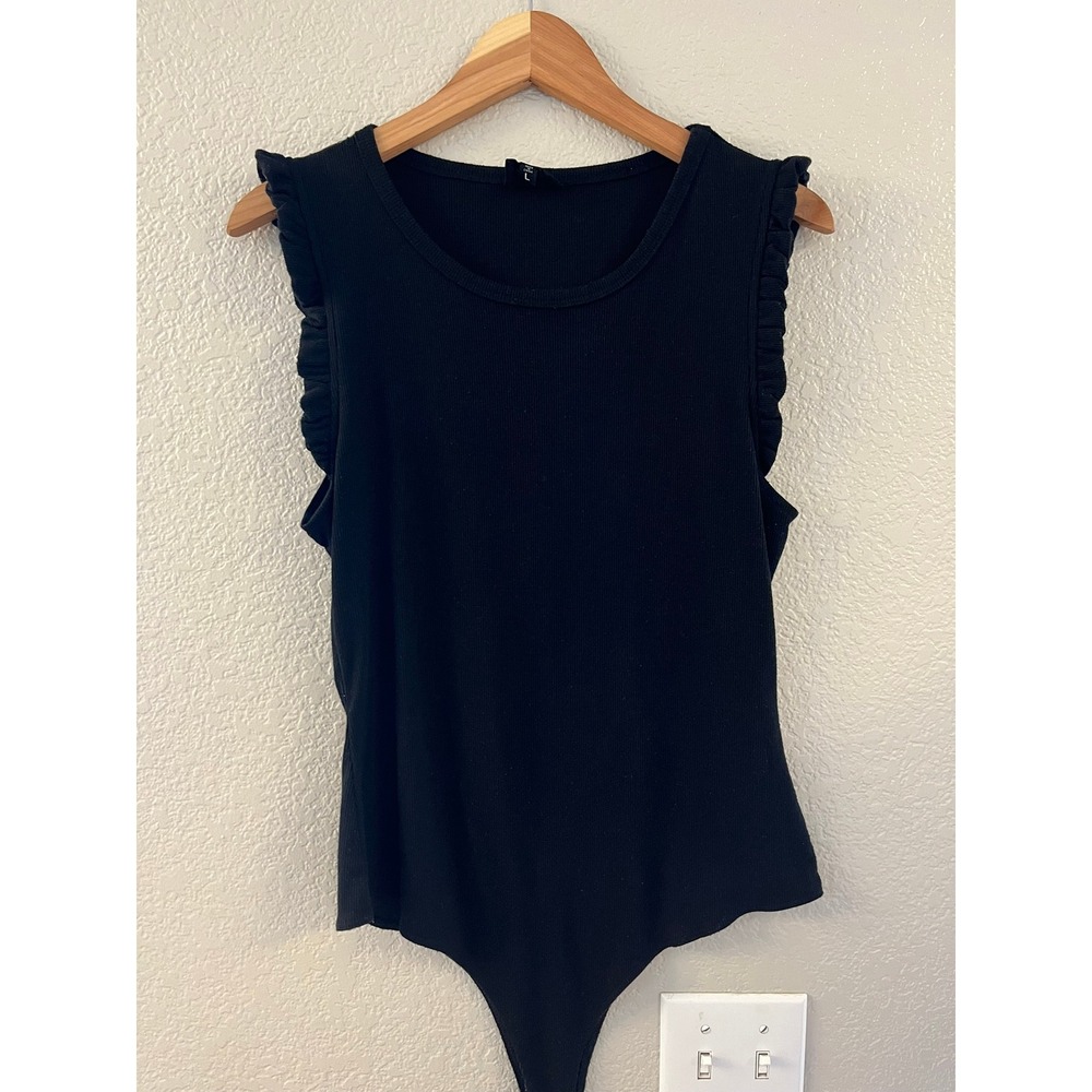 Heyson Black Ribbed Ruffle‎ Sleeve Bodysuit EB1011 Womens Large